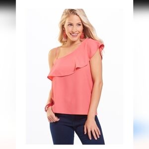 Charlie Paige One Shoulder Ruffle Band Top, Coral Blouse Balletcore Sz XL